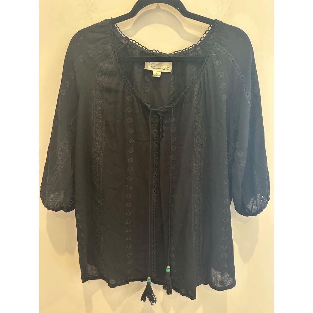 Vintage Havana Black Eyelet Embroidered Peasant Blouse Tassel Boho Top L CC4283